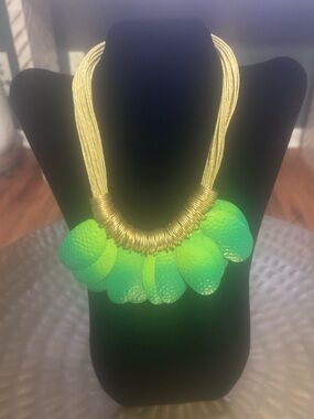 Gold Rope Necklace with Neon Green Petal Accents